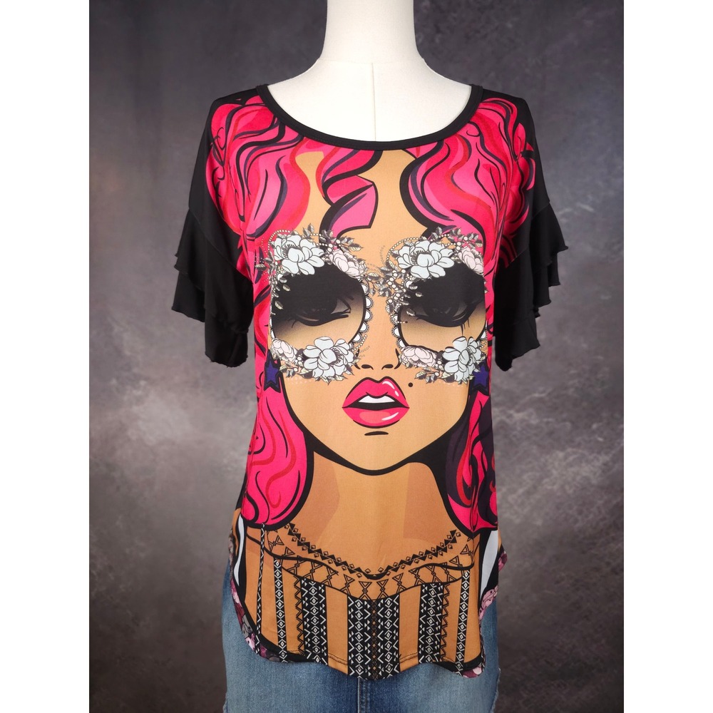 23 Love Street Pop Art Graphic Ruffle Sleeve Top Artsy Streetwear Pink Black L